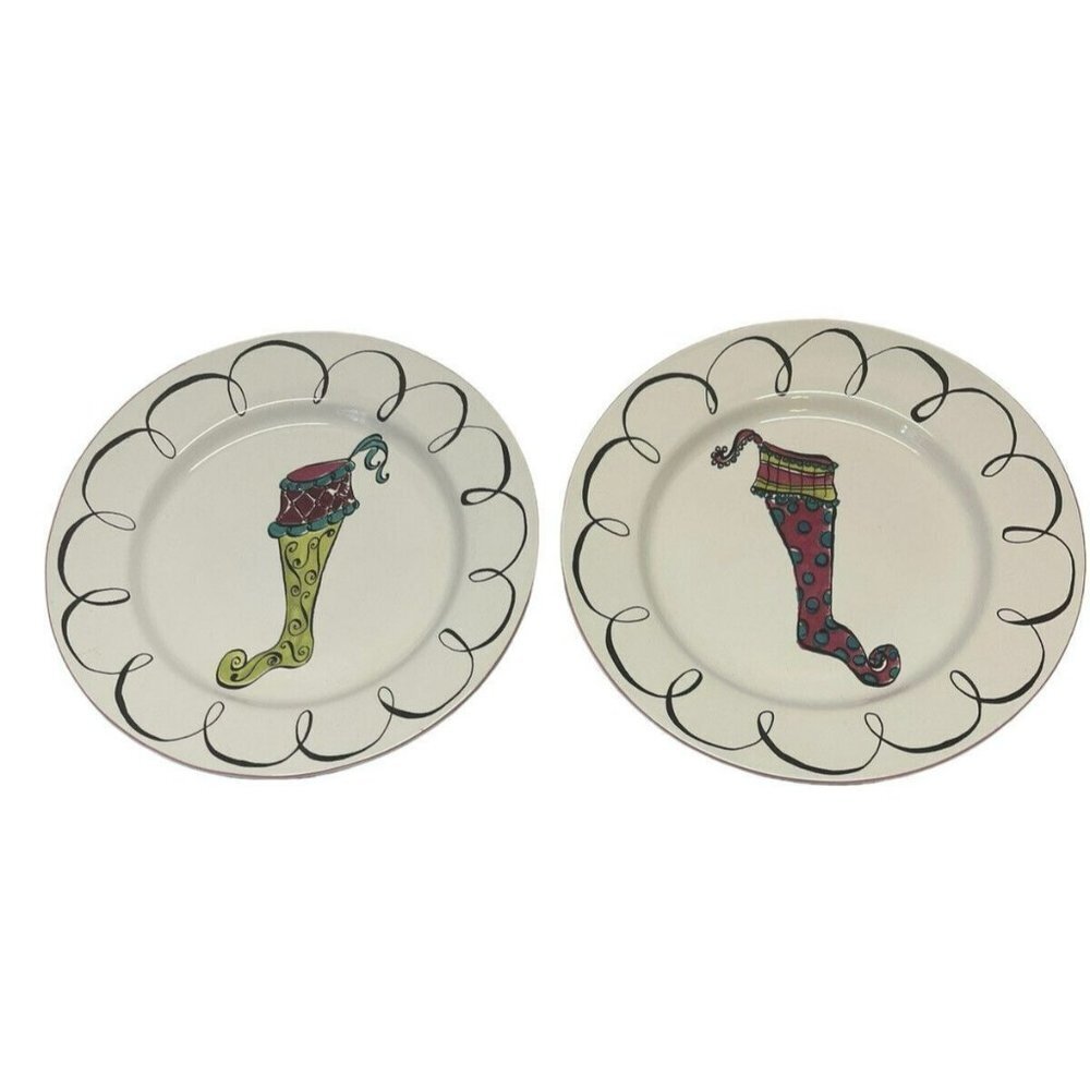 Lot of 2 Rosanna HOLIDAY ELF STOCKINGS 8” Canapé Plates: Starter & Dessert
